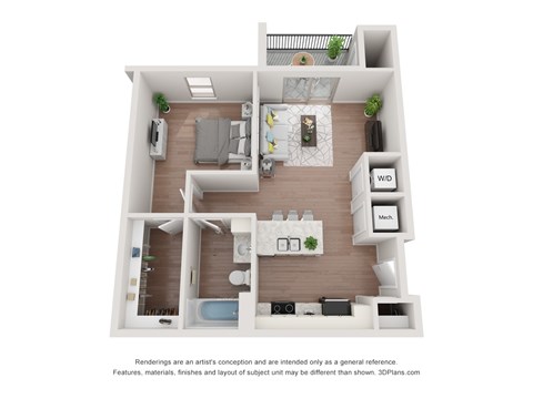 Floor plan for 1 bed, 1 bath, 751 sqft